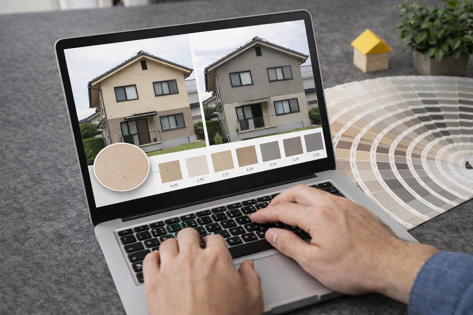 外壁塗装のカラーシミュレーションで色を確認しているイメージ